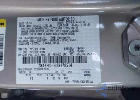 2015 Ford Fusion Se z USA, uszkodzony, nr VIN 3FA6P0HD3FR178514